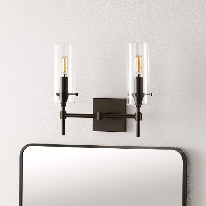 JONATHAN Y 13.5" Oil Rubbed Bronze/Clear Modern Farmhouse LED Vanity Light Sconce, Clear Glass Cylinder Shade, Wall Lamp for Bathroom Mirror Hallway Entryway, LED Bulb Included (JYL7806A)