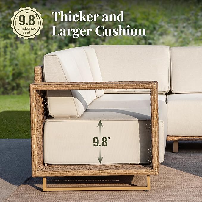 MIXPATIO Patio Sectional Furniture Set, 6 Piece U Shape Patio Couch Wicker Sofa, Yellow Rattan Modular Outdoor Conversation Set with 10" Extra Thick Cushions, Low Profile Deck Backyard Lawn Furniture