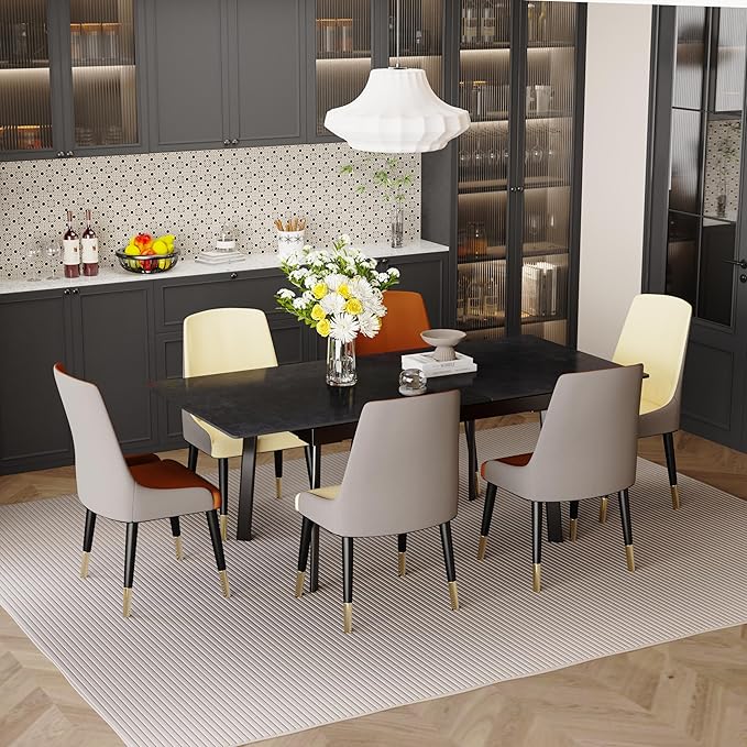 Dining Chairs Set of 2: Faux Leather Upholstered Modern Chair with Backrest - Armless Accent Chairs with Metal Legs for Kitchen Living Room Bedroom (Creamy White+Grey)