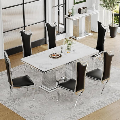 Henf Modern Dining Table for 6-8, 68 Inch White Marble Kitchen Table with Silver Stainless Steel Double Pillar Base, Luxurious Rectangular Faux Marble Dining Room Table for Dining Room,Living Room
