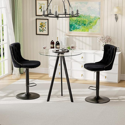 3 Pcs Modern Clear Glass High Top Bar Table Set, Adjustable Bar Stools Island Chairs, Round Pub Table with 2 Velvet Counter Stools for Home Kitchen (Black Metal Legs, Clear Top + Black Chair)