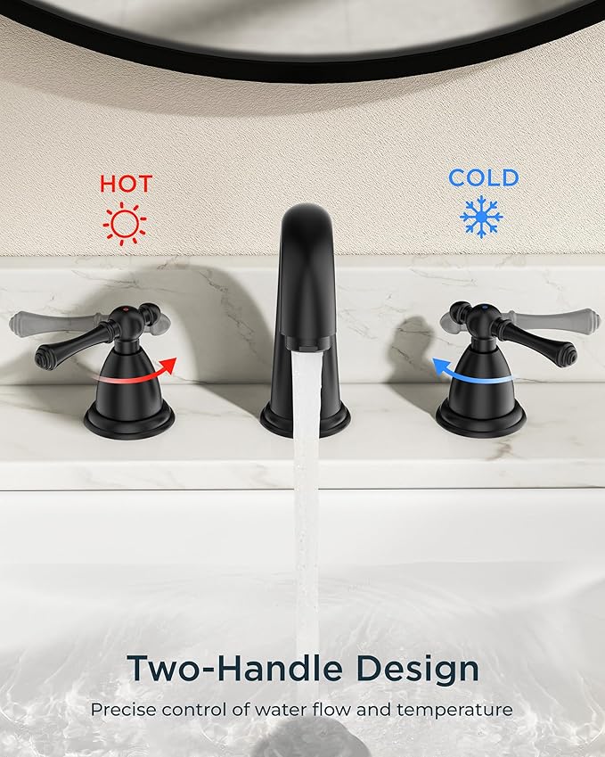 FORIOUS Black Bathroom Sink Faucet 8 Inch, Widespread Bathroom Faucet 3 Hole with Pop Up Drain and Water Hose Supply, 2 Lever Handle Design,for Vanity RV Farmhouse Sink