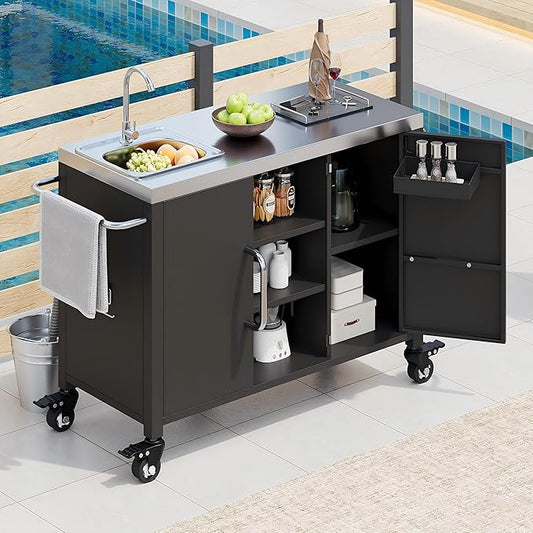 Modern Dining Table Outdoor Kitchen Island with Sink 55.5in, Metal Grill Cart Table with Stainless Steel Sink, Outdoor Bar Cart Sink Station with 4 Lockable Wheels for Pizza Prep,