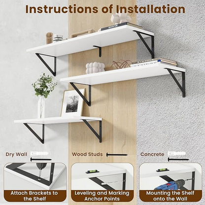 Acovy Deep Floating Shelves for Wall,36Wx8D Wall Mounted Shelves Set of 2,Wall Storage Floating Shelf with Sturdy Metal Brackets for Living Room,Bathroom,Kitchen,Office,White