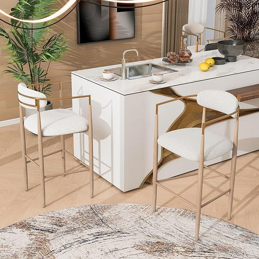 Bar stools Set of 2, Upholstered Bar Stools with Back for Kitchen Island, Beige Fabric Seating Natural Wood Iron Legs 260LBS Weight Capacity