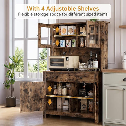 IDEALHOUSE 63" Kitchen Pantry Cabinet with Drawers, Hutch Cabinet with Storage, Microwave Stand, Adjustable Shelves, Freestanding Tall Pantry Storage for Dining Room, Living Room, Rustic Brown
