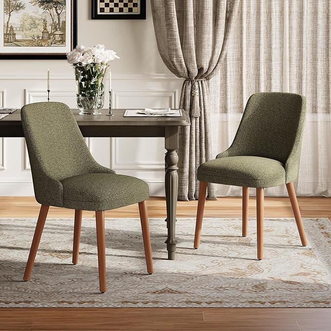 MALOL Dining Room Chair Set of 2, Upholstered Kitchen Chairs with Wood Legs, High-Back Padded Dining Chairs for Dining Room/Restaurant/Cafe, Green