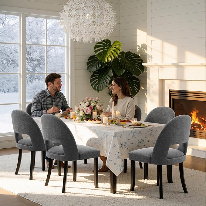 Dining Chairs Set of 4, Modern Farmhouse Upholstered Kitchen Chairs, Wooden Dining Room Chairs with Grey Linen Fabric