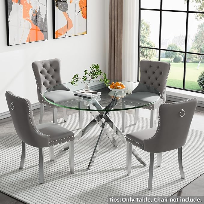 Silver Glass Dining Table for 6 Modern 47.3" Round Kitchen Dining Room Table for 4-6 with X-Shape Metal Base Large Clear Glass Top Dining Tables for Home Kitchen