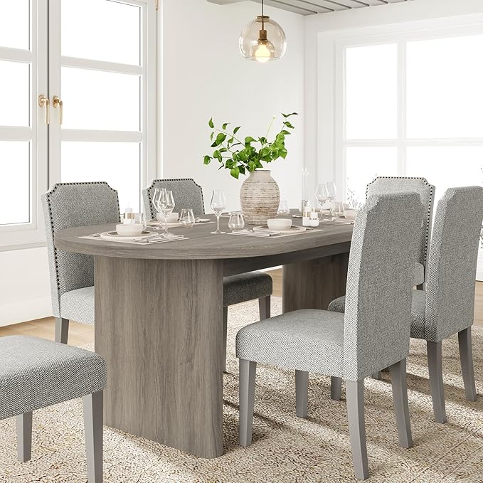 GarveeHome Oval Dining Table for 6-8 People, Long Large Kitchen Table with Thick Sturdy Wooden Base, Farmhouse Dining Room Table for for Kitchen, Living Room, Office (70.87" Long,Grey Walnut)