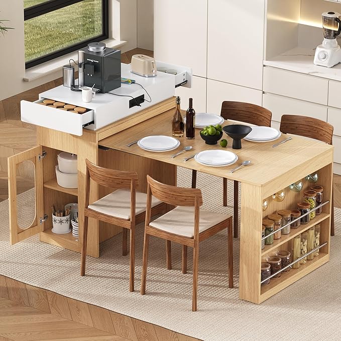 Versatile Extendable Dining Table with Hidden Wheels and Drawers, Farmhouse Kitchen Island with Charging Station and Glass-Door, Sideboard for Kitchen and Dining Room (Natural)