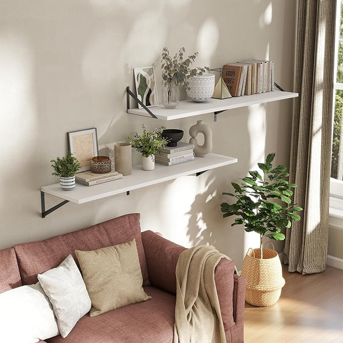 Acovy Deep Floating Shelves Wall Mounted, 48"x12" White Wall Shelves with Brackets Set of 2 for Bedroom, Living Room, Bathroom, Kitchen, Office - Storage & Display Shelf for Decor, Books, Plants
