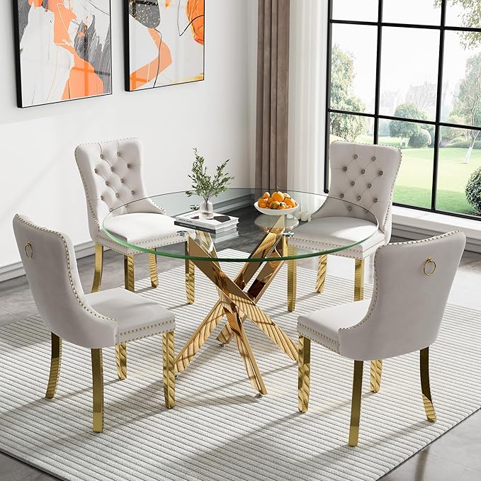 Round Dining Table, 47 Inch Glass Kitchen Table for 4-6 People, Tempered Glass Dinner Room Table with Gold X Metal Legs, Modern Circle Coffee Table for Home Dining Room Kitchen Restaurant