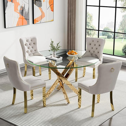 Round Dining Table, 47 Inch Glass Kitchen Table for 4-6 People, Tempered Glass Dinner Room Table with Gold X Metal Legs, Modern Circle Coffee Table for Home Dining Room Kitchen Restaurant