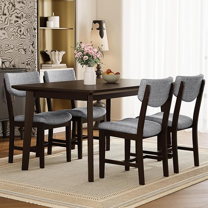 VilroCaz Rustic 5-Piece Dining Set, Solid Wood Rectangle Table with 4 Upholstered Chairs, Farmhouse-Style Dining Furniture for Kitchen & Dining Room, Minimalist Dining Set for 4 (Espresso-1.21)