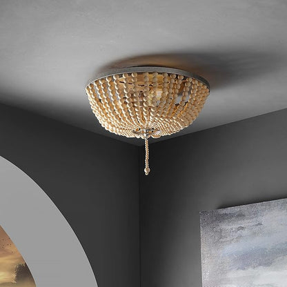 JONATHAN Y 15" Antique Silver/Cream Allison 3-Light LED Flush Mount Ceiling Light for Bedroom, Wood Beaded Shade Shabby Chic Farmhouse Rustic Decor, LED Bulbs Included (JYL9019C)