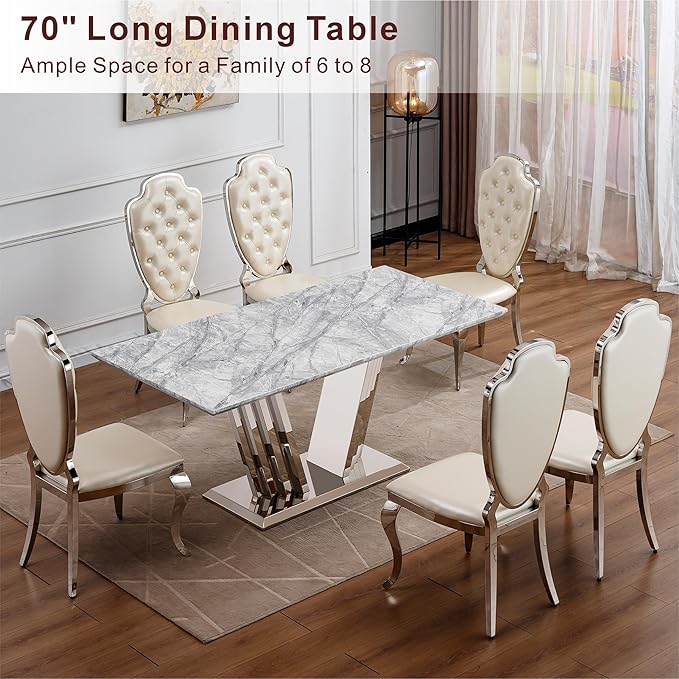70" Marble Dining Table for 6-8, Modern Luxury Silver Rectangular Large Kitchen Table, Marble Grain MDF Tabletop & Stainless Steel Base, Dinner Furniture for Kitchen Dining Room, Meeting Room, Grey