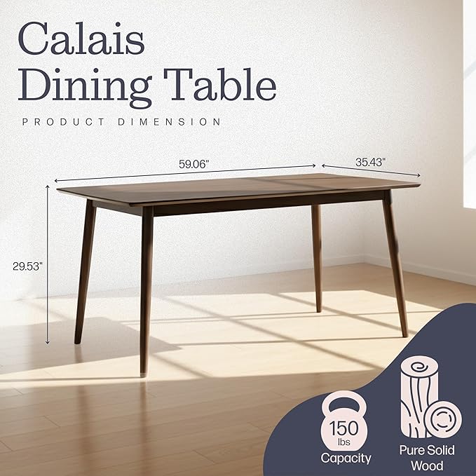 Alaterre Furniture Calais Dining – Mid Century Modern 59-Inch Rectangular Dining Table for 4 – Solid Wood Kitchen and Dining Room Table with Minimalist Design (Warm Walnut Finish)