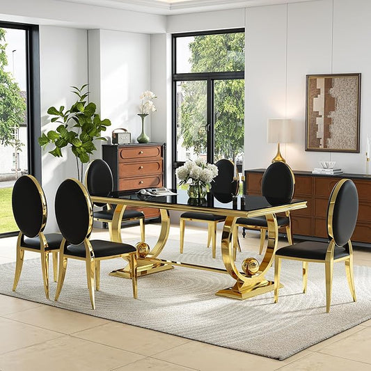 7-Piece Modern Luxury Dining Table Set, 70" Black Tempered Glass Kitchen Table with Gold Polished Stainless Steel U-Shaped Pedestal Base and 6 Black PU Leather Chairs, for Dining Room and Kitchen