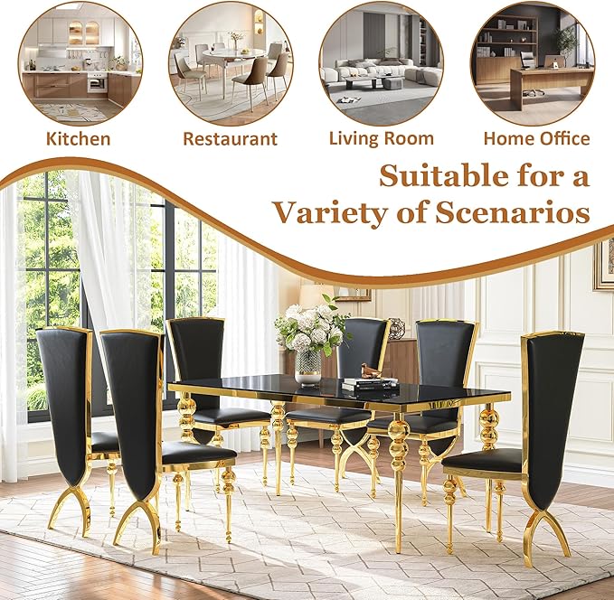 Glass Dining Table Set for 6, Luxurious 70 Inch Rectangular Glass Kitchen Table with 6 Black High Back Leather Chairs, for Dining Room, Restaurant, Living Room (Black Top)