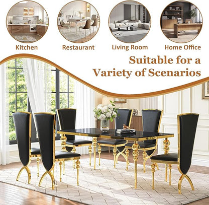 Glass Dining Table Set for 6, Luxurious 70 Inch Rectangular Glass Kitchen Table with 6 Black High Back Leather Chairs, for Dining Room, Restaurant, Living Room (Black Top)