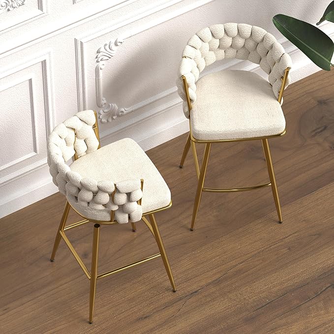 26" Bar Chair Toweling Woven Bar Stool Set of 2,Golden Legs Bar stools No Adjustable Kitchen Island Chairs,360 Swivel Bar Stools Upholstered Counter Stool Arm Chairs with Back Footrest (White)