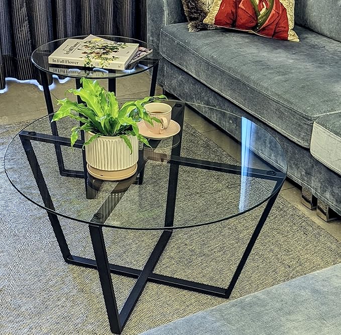 Mango Steam Round Metro Glass Coffee Table for Living Room & Dining Room - Clear Top/Black Base