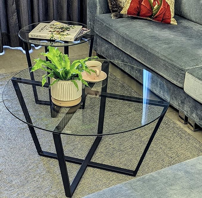 Mango Steam Round Metro Glass Coffee Table for Living Room & Dining Room - Clear Top/Black Base
