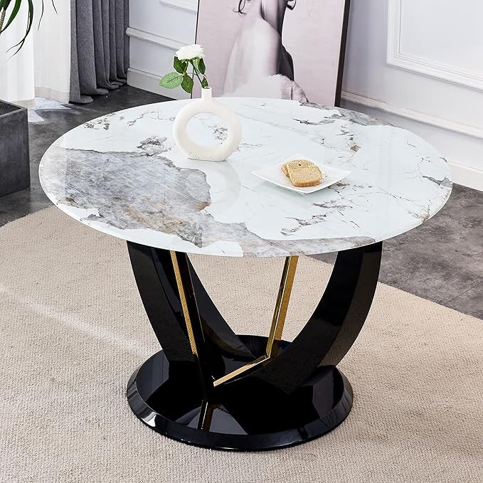 JUFU Round Dining Table for 4/6, 48 Inch Faux Marble Look Dining Room Table, Black Kitchen Table with Stable Pedestal, Modern Glass Dining Table for Kitchen,Living Room,Apartment,Restaurant