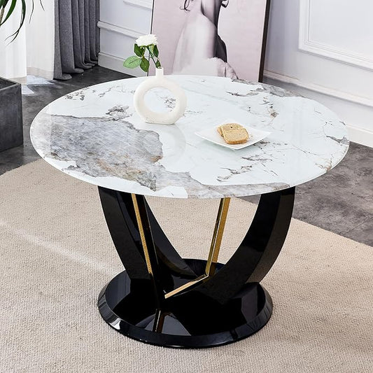 JUFU Round Dining Table for 4/6, 48 Inch Faux Marble Look Dining Room Table, Black Kitchen Table with Stable Pedestal, Modern Glass Dining Table for Kitchen,Living Room,Apartment,Restaurant
