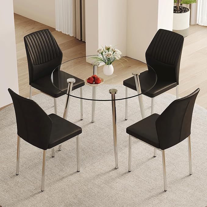 38.6 Inch Round Tempered Glass Dining Table and Chairs Set for 4, Transparent Kitchen Table with Silver Metal Legs & Black PU High-Resilience Chairs, Modern Style for Dining Room, Kitchen