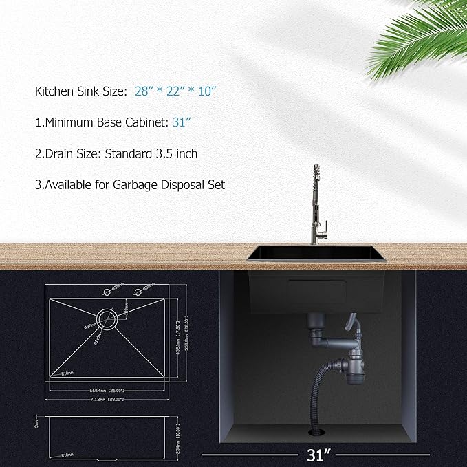 28 Drop Kitchen Sink Black Stainless Steel - Lordear 28x22 inch Gunmetal Black Kitchen Sink Drop In Stainless Steel Sink Single Bowl Gunmetal Black 16 Gauge Topmount Sink Basin