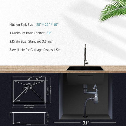 28 Drop Kitchen Sink Black Stainless Steel - Lordear 28x22 inch Gunmetal Black Kitchen Sink Drop In Stainless Steel Sink Single Bowl Gunmetal Black 16 Gauge Topmount Sink Basin