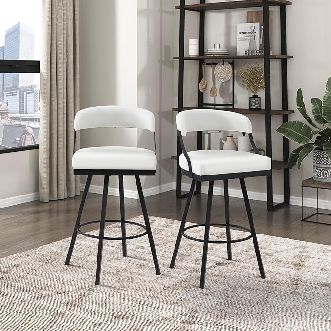 Lexicon Swivel Bar Stools Set of 2 - Bar Height Stools for Kitchen Island, Padded Seat, Open Back, Sturdy Black Metal Frame Finish and White Faux Leather Cushion Seat, White