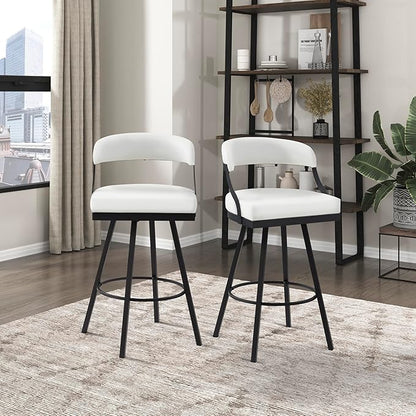 Lexicon Swivel Bar Stools Set of 2 - Bar Height Stools for Kitchen Island, Padded Seat, Open Back, Sturdy Black Metal Frame Finish and White Faux Leather Cushion Seat, White