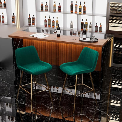 Modern Bar Table and Bar Stools Set, Marble-Look Counter Table with Wood Accent Top & Green Velvet Bar Chairs Set of 2 with Gold Legs, Kitchen Island Pub Table Set for Home Bar, Dining Room