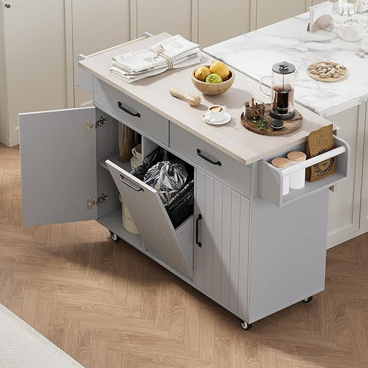 51.06" Mobile Kitchen Drop Leaf and Multipurpose Tilt-out Trash Can,Storage Cabinet w/Spice, Towel Rack & Drawer & Adjustable Shelf,Rolling Islands on Wheels,Grey, 50.25"