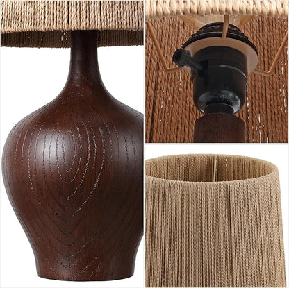 JONATHAN Y 23" Dark Brown Wood Finish Rustic Farmhouse Resin Gourd LED Table Lamp for Bedroom, Living Room, Nightstand, with Brown Paper Rope Shade, LED Bulb Included (JYL9200B)