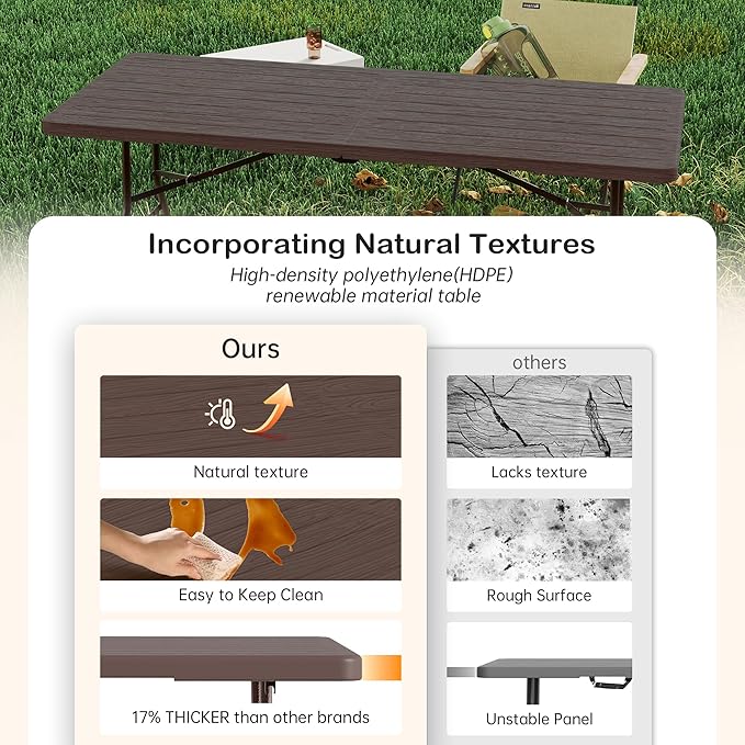 Folding Table 6 Foot for Indoor Outdoor, Portable Heavy Duty Fold-in-Half Utility Plastic Foldable Dining Table with Carrying Handle for Picnic, Camping and Party, Brown