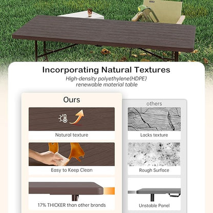 Folding Table 6 Foot for Indoor Outdoor, Portable Heavy Duty Fold-in-Half Utility Plastic Foldable Dining Table with Carrying Handle for Picnic, Camping and Party, Brown