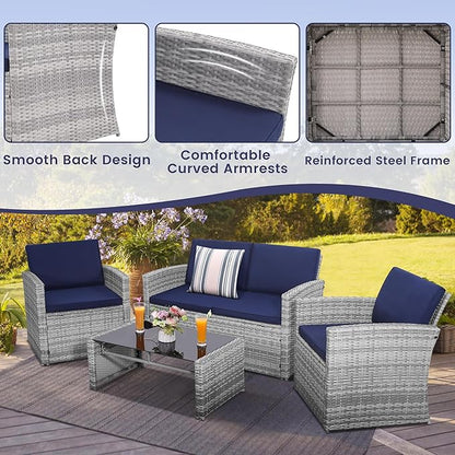 KROFEM 4-Piece Patio Furniture Set, Wicker Outdoor Rattan Sectional Sofa with Cushions and Glass Table, All-Weather Outdoor Conversation Set, Ideal for Garden, Porch, Backyard, Navy