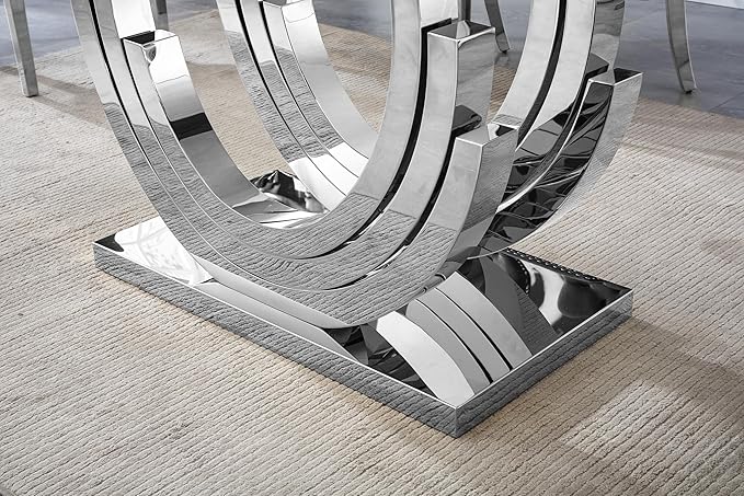 70" Glass Dining Table for 6-8, Modern Dining Room Table with 0.39" Tempered Glass Top and Three U-Shaped Silver Stainless Steel Base, Rectangle Kitchen Dinner Table for Dining Room
