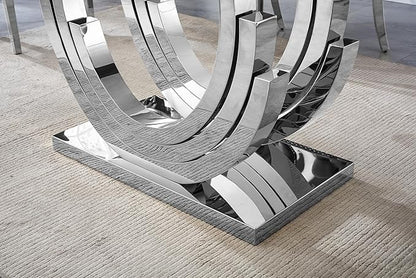 70" Glass Dining Table for 6-8, Modern Dining Room Table with 0.39" Tempered Glass Top and Three U-Shaped Silver Stainless Steel Base, Rectangle Kitchen Dinner Table for Dining Room