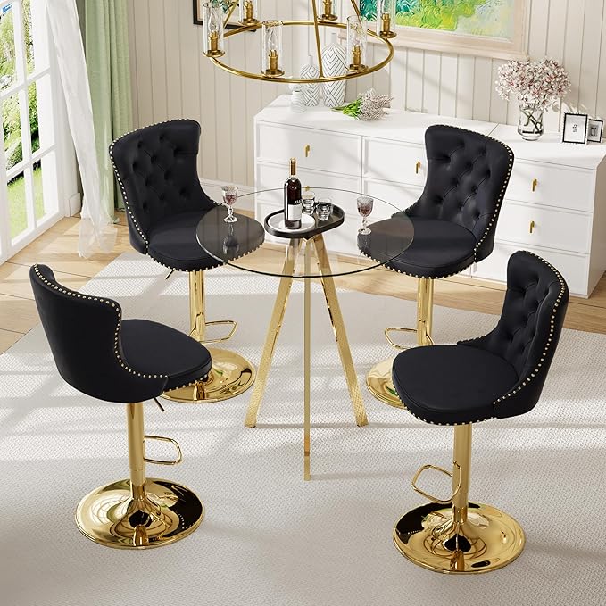 31.5'' Glass Pub Table and Retro Bar Stools Set, Island Bar Table with 4 Velvet Metal Bar Stools (Gold Metal Legs, Clear Top + Black Chair)