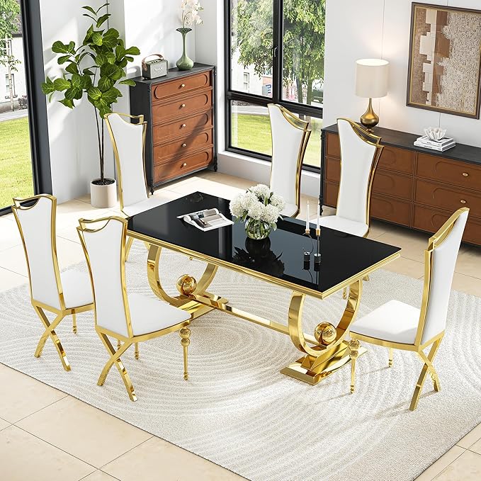 7-Piece Modern Dining Table Set, 70" Black Tempered Glass Kitchen Table with Gold Polished Stainless Steel U-Shaped Pedestal Base and 6 White High Back Chairs with X-Shaped Legs, for Dining Room
