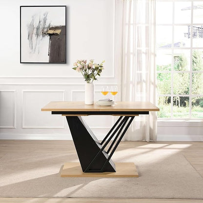 62" Extendable Island Table, Rustic Dining Table with Metal Frame, Mid Century Dining Table with MDF Top for Kitchen Dining Office, Black+Natural