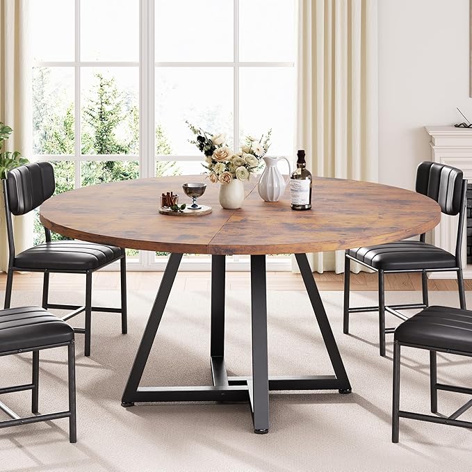 Jocoevol Round Kitchen Dining Room Table Circle Dining Dinner Table with Pedestal Metal Frame, Space Saving Wood Industrial Furniture for Small Space (Rustic Brown, 47IN)