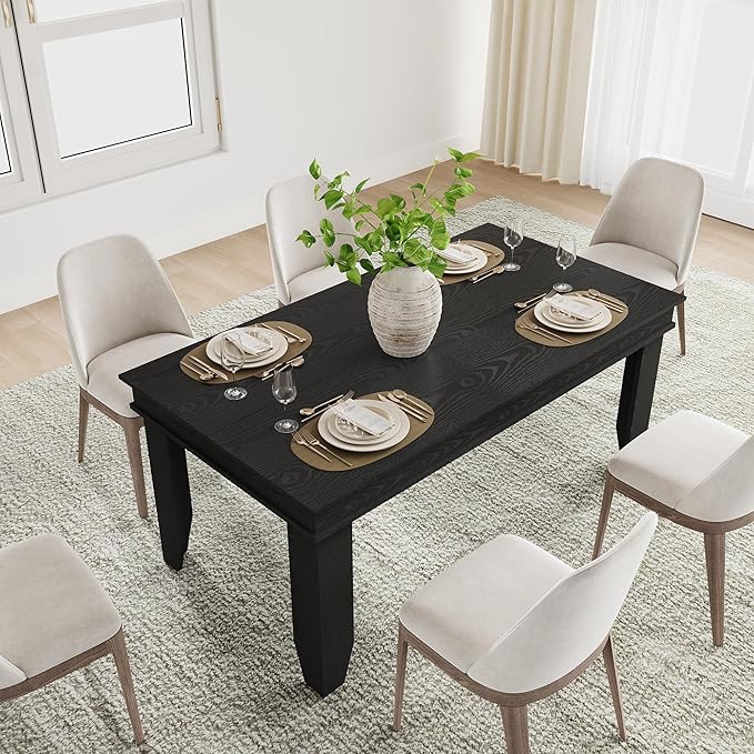 GarveeHome Farmhouse Dining Table for 6-8 People, 71 in Long Kitchen Tables with Wooden Sturdy Frame, 6 ft Large Rectangular Dinner Table for Dining Room, Kitchen, Black, 63" Non-extendable