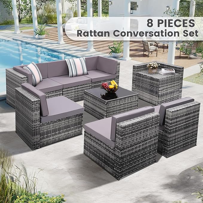 KROFEM 8-Piece Patio Furniture Set, Outdoor Wicker Rattan Sectional with Thick Cushions, Glass Top Table with Hidden Storage, Outdoor Conversation Set for Backyard, Porch, Patio, Light Grey
