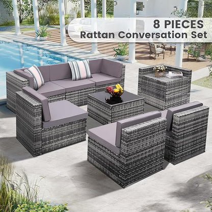KROFEM 8-Piece Patio Furniture Set, Outdoor Wicker Rattan Sectional with Thick Cushions, Glass Top Table with Hidden Storage, Outdoor Conversation Set for Backyard, Porch, Patio, Light Grey